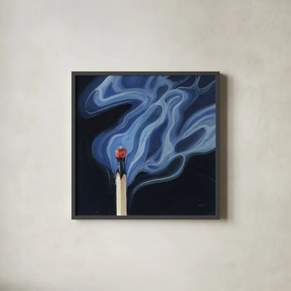 Blowing Out A Match II by Kate Jarvik Birch. Shown in a sleek black glass frame for a contemporary gallery look. Available as an archival giclee rolled canvas, fine art paper, or poster print. SKU 98549a.