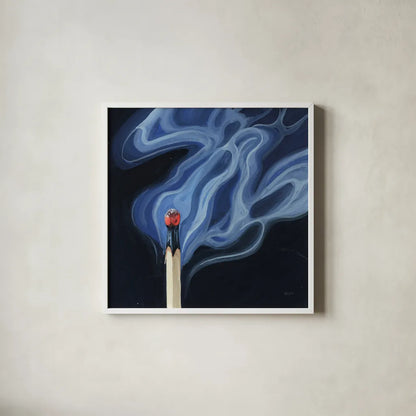 Blowing Out A Match II by Kate Jarvik Birch. Shown in a crisp white glass frame for a clean and minimalist style. Available as an archival giclee rolled canvas, fine art paper, or poster print. SKU 98549a.