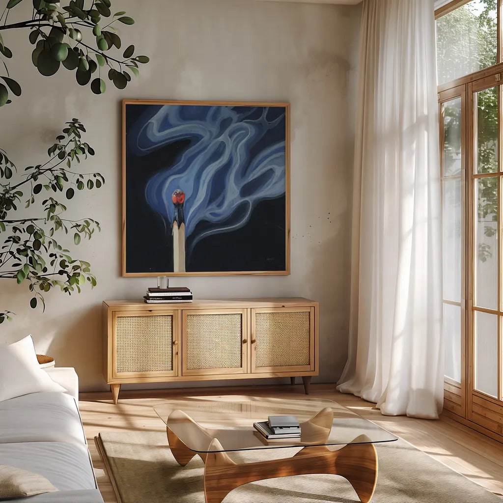 Blowing Out A Match II by Kate Jarvik Birch. Shown in a natural wood frame in a cozy modern living room. Available as an archival giclee rolled canvas, fine art paper, or poster print. SKU 98549a.