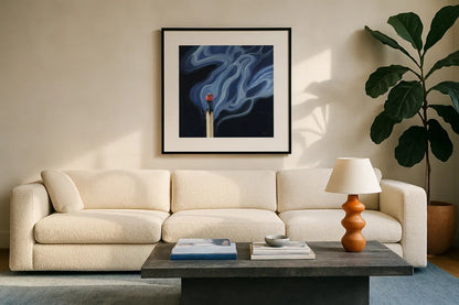 Blowing Out A Match II by Kate Jarvik Birch. Displayed in a glass frame with matte in a clean modern living room. Available as an archival giclee rolled canvas, fine art paper, or poster print. SKU 98549a.