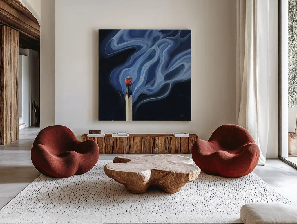 Blowing Out A Match II by Kate Jarvik Birch. Shown as extra-large giant wall art in a modern living room. Available as an archival giclee rolled canvas, fine art paper, or poster print. SKU 98549a.