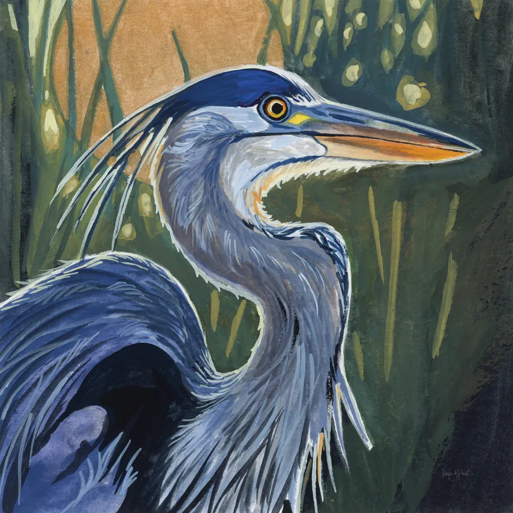 Blue Heron Backlit in Morning by Kate Jarvik Birch. SKU 98608a. Archival Giclee Fine art print for wall decor.