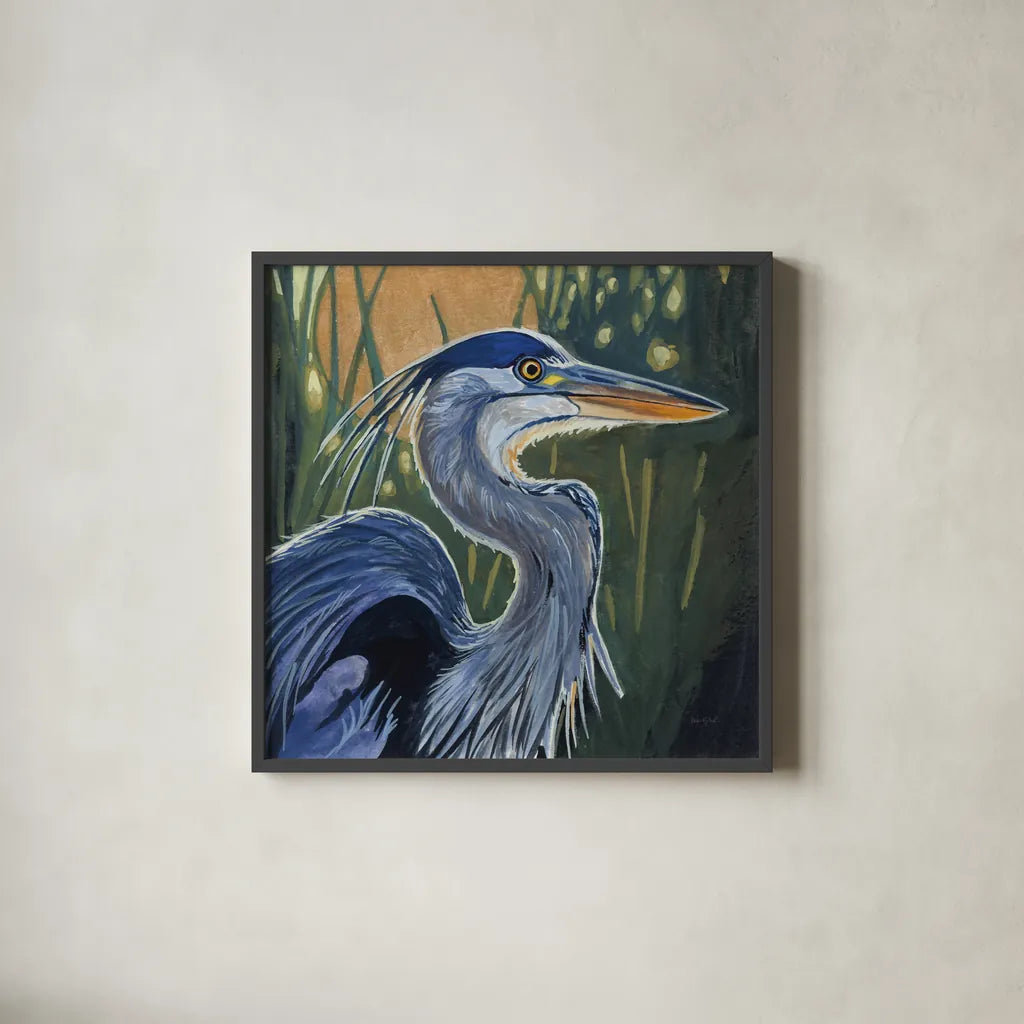 Blue Heron Backlit in Morning by Kate Jarvik Birch. Shown in a sleek black glass frame for a contemporary gallery look. Available as an archival giclee rolled canvas, fine art paper, or poster print. SKU 98608a.