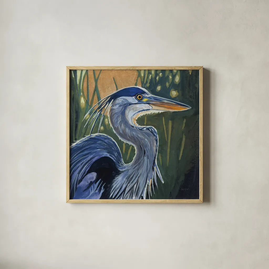 Blue Heron Backlit in Morning by Kate Jarvik Birch. Shown in a natural wood glass frame for a timeless modern aesthetic. Available as an archival giclee rolled canvas, fine art paper, or poster print. SKU 98608a.