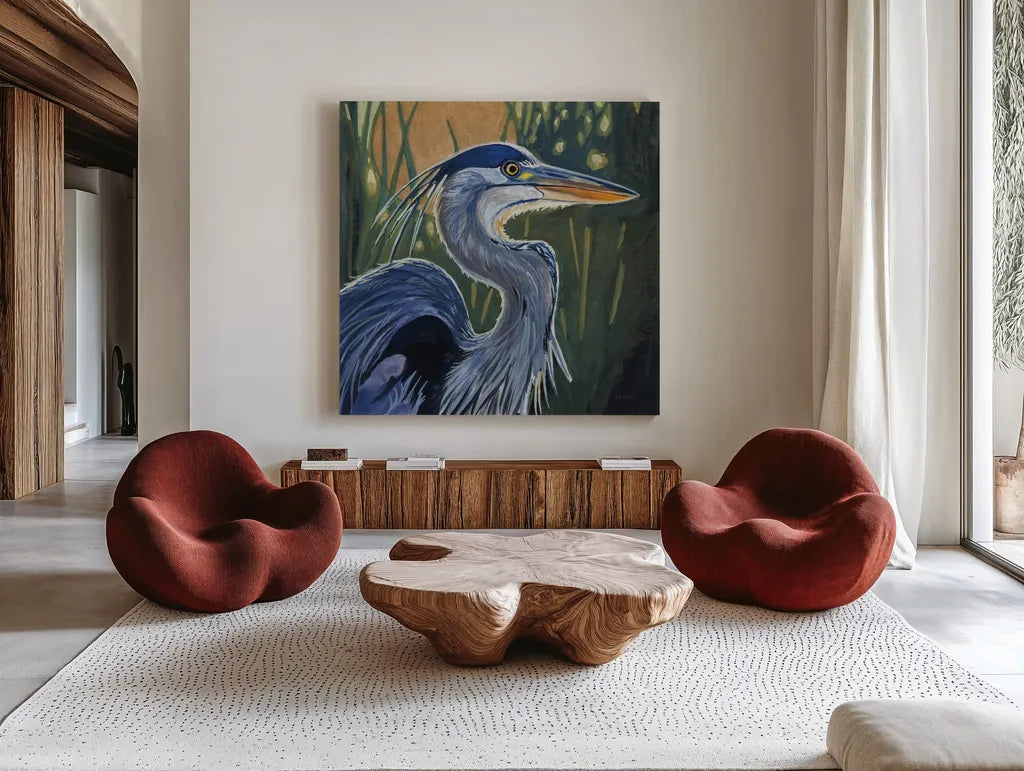 Blue Heron Backlit in Morning by Kate Jarvik Birch. Shown as extra-large giant wall art in a modern living room. Available as an archival giclee rolled canvas, fine art paper, or poster print. SKU 98608a.