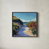 Breezy Beach Pathway by Kate Jarvik Birch. Shown in a sleek black glass frame for a contemporary gallery look. Available as an archival giclee rolled canvas, fine art paper, or poster print. SKU 101985a.