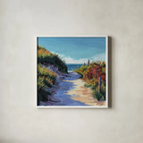 Breezy Beach Pathway by Kate Jarvik Birch. Shown in a crisp white glass frame for a clean and minimalist style. Available as an archival giclee rolled canvas, fine art paper, or poster print. SKU 101985a.