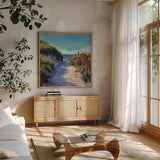 Breezy Beach Pathway by Kate Jarvik Birch. Shown in a natural wood frame in a cozy modern living room. Available as an archival giclee rolled canvas, fine art paper, or poster print. SKU 101985a.