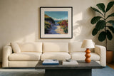 Breezy Beach Pathway by Kate Jarvik Birch. Displayed in a glass frame with matte in a clean modern living room. Available as an archival giclee rolled canvas, fine art paper, or poster print. SKU 101985a.