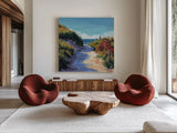 Breezy Beach Pathway by Kate Jarvik Birch. Shown as extra-large giant wall art in a modern living room. Available as an archival giclee rolled canvas, fine art paper, or poster print. SKU 101985a.