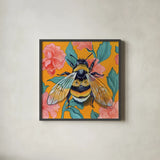 Bumblebee and Flower Wallpaper by Kate Jarvik Birch. Shown in a sleek black glass frame for a contemporary gallery look. Available as an archival giclee rolled canvas, fine art paper, or poster print. SKU 98555a.