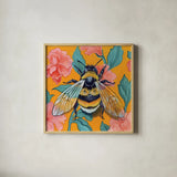 Bumblebee and Flower Wallpaper by Kate Jarvik Birch. Shown in a natural wood glass frame for a timeless modern aesthetic. Available as an archival giclee rolled canvas, fine art paper, or poster print. SKU 98555a.