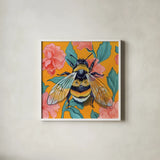 Bumblebee and Flower Wallpaper by Kate Jarvik Birch. Shown in a crisp white glass frame for a clean and minimalist style. Available as an archival giclee rolled canvas, fine art paper, or poster print. SKU 98555a.