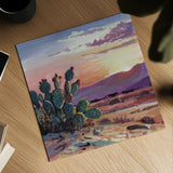 Cacti Sunset by Kate Jarvik Birch. Shown as a detailed flat fine art print, highlighting archival giclee quality. Available as an archival giclee rolled canvas, fine art paper, or poster print. SKU 99773a.