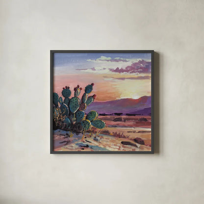 Cacti Sunset by Kate Jarvik Birch. Shown in a sleek black glass frame for a contemporary gallery look. Available as an archival giclee rolled canvas, fine art paper, or poster print. SKU 99773a.
