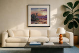 Cacti Sunset by Kate Jarvik Birch. Displayed in a glass frame with matte in a clean modern living room. Available as an archival giclee rolled canvas, fine art paper, or poster print. SKU 99773a.