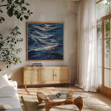 Calm Ocean Water by Kate Jarvik Birch. Shown in a natural wood frame in a cozy modern living room. Available as an archival giclee rolled canvas, fine art paper, or poster print. SKU 101993a.