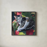 Cat Nap in Sunshine by Kate Jarvik Birch. Shown in a sleek black glass frame for a contemporary gallery look. Available as an archival giclee rolled canvas, fine art paper, or poster print. SKU 98556a.