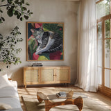 Cat Nap in Sunshine by Kate Jarvik Birch. Shown in a natural wood frame in a cozy modern living room. Available as an archival giclee rolled canvas, fine art paper, or poster print. SKU 98556a.