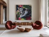 Cat Nap in Sunshine by Kate Jarvik Birch. Shown as extra-large giant wall art in a modern living room. Available as an archival giclee rolled canvas, fine art paper, or poster print. SKU 98556a.