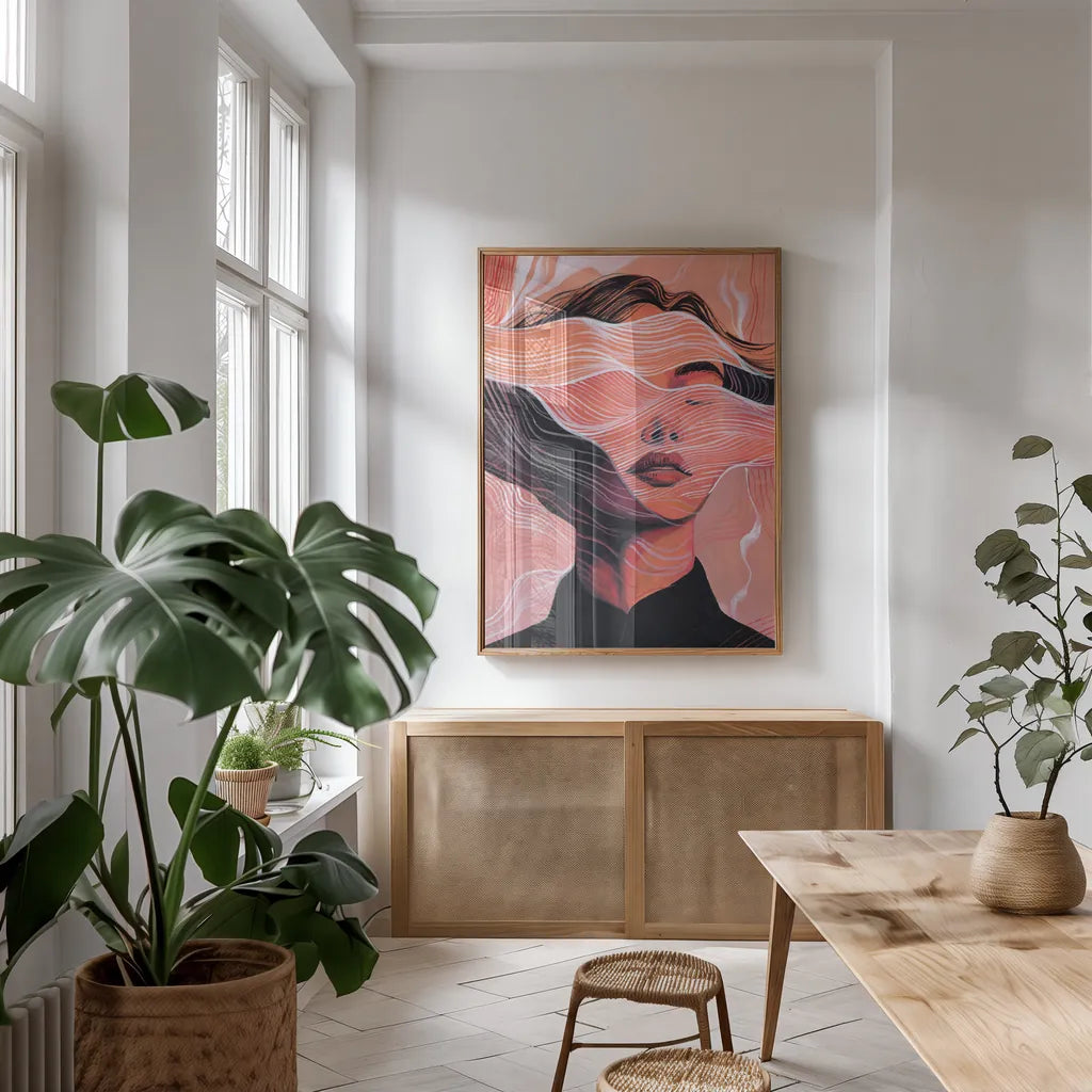 Caught in a Daydream by Kate Jarvik Birch. shown as a print in a natural wood frame in a dining room. Available as a archival giclee rolled canvas, fine art paper, or poster print. SKU 99686h.