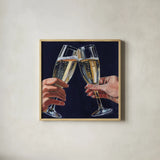 Cheers To Love by Kate Jarvik Birch. Shown in a natural wood glass frame for a timeless modern aesthetic. Available as an archival giclee rolled canvas, fine art paper, or poster print. SKU 98617a.