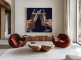 Cheers To Love by Kate Jarvik Birch. Shown as extra-large giant wall art in a modern living room. Available as an archival giclee rolled canvas, fine art paper, or poster print. SKU 98617a.