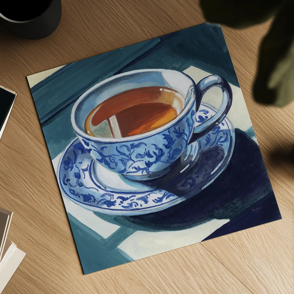 Chinoiserie Tea Time by Kate Jarvik Birch. Shown as a detailed flat fine art print, highlighting archival giclee quality. Available as an archival giclee rolled canvas, fine art paper, or poster print. SKU 98558a.