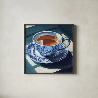 Chinoiserie Tea Time by Kate Jarvik Birch. Shown in a sleek black glass frame for a contemporary gallery look. Available as an archival giclee rolled canvas, fine art paper, or poster print. SKU 98558a.