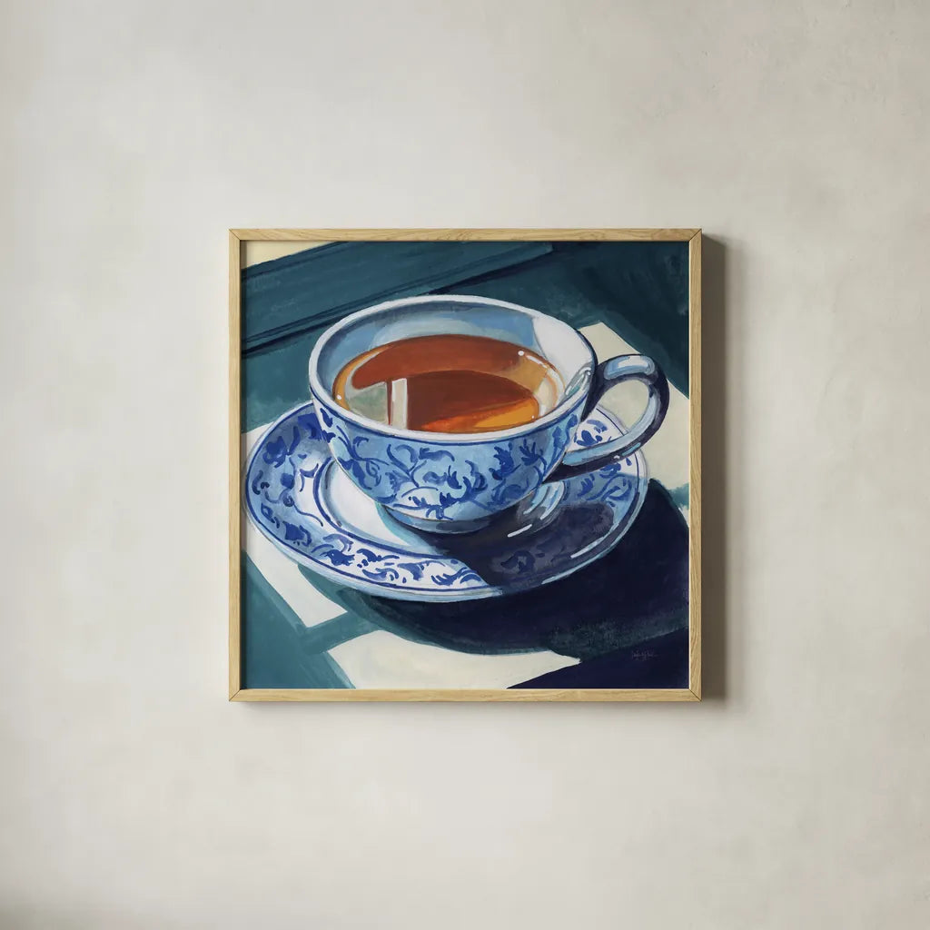 Chinoiserie Tea Time by Kate Jarvik Birch. Shown in a natural wood glass frame for a timeless modern aesthetic. Available as an archival giclee rolled canvas, fine art paper, or poster print. SKU 98558a.