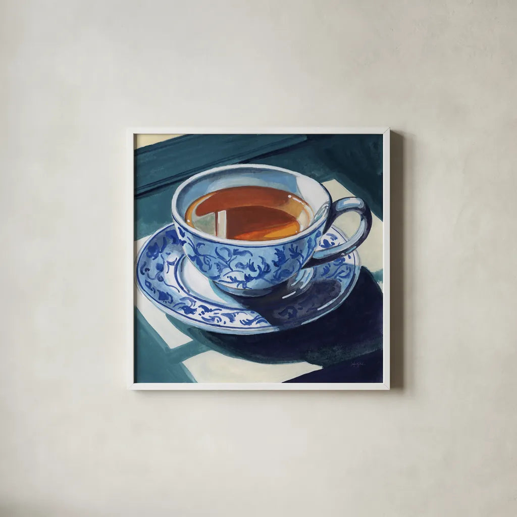 Chinoiserie Tea Time by Kate Jarvik Birch. Shown in a crisp white glass frame for a clean and minimalist style. Available as an archival giclee rolled canvas, fine art paper, or poster print. SKU 98558a.