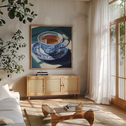 Chinoiserie Tea Time by Kate Jarvik Birch. Shown in a natural wood frame in a cozy modern living room. Available as an archival giclee rolled canvas, fine art paper, or poster print. SKU 98558a.