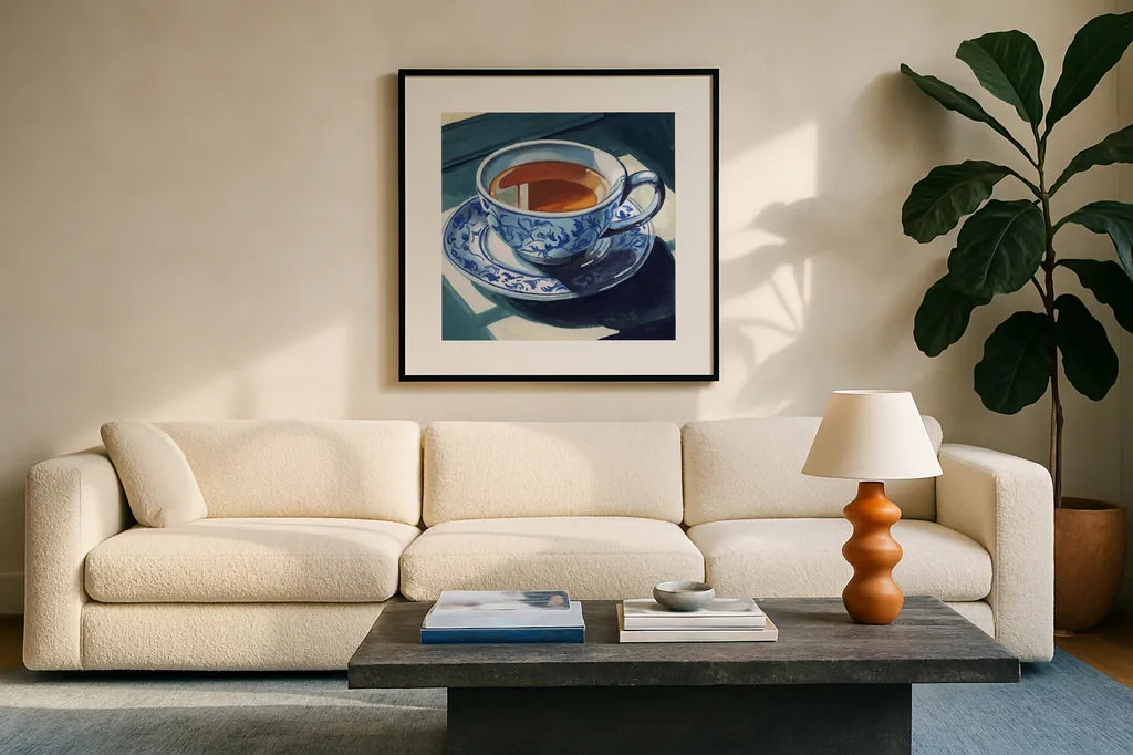 Chinoiserie Tea Time by Kate Jarvik Birch. Displayed in a glass frame with matte in a clean modern living room. Available as an archival giclee rolled canvas, fine art paper, or poster print. SKU 98558a.