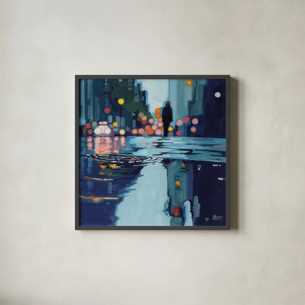 City Puddles After Storm by Kate Jarvik Birch. Shown in a sleek black glass frame for a contemporary gallery look. Available as an archival giclee rolled canvas, fine art paper, or poster print. SKU 98635a.