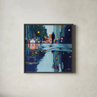 City Puddles After Storm by Kate Jarvik Birch. Shown in a sleek black glass frame for a contemporary gallery look. Available as an archival giclee rolled canvas, fine art paper, or poster print. SKU 98635a.