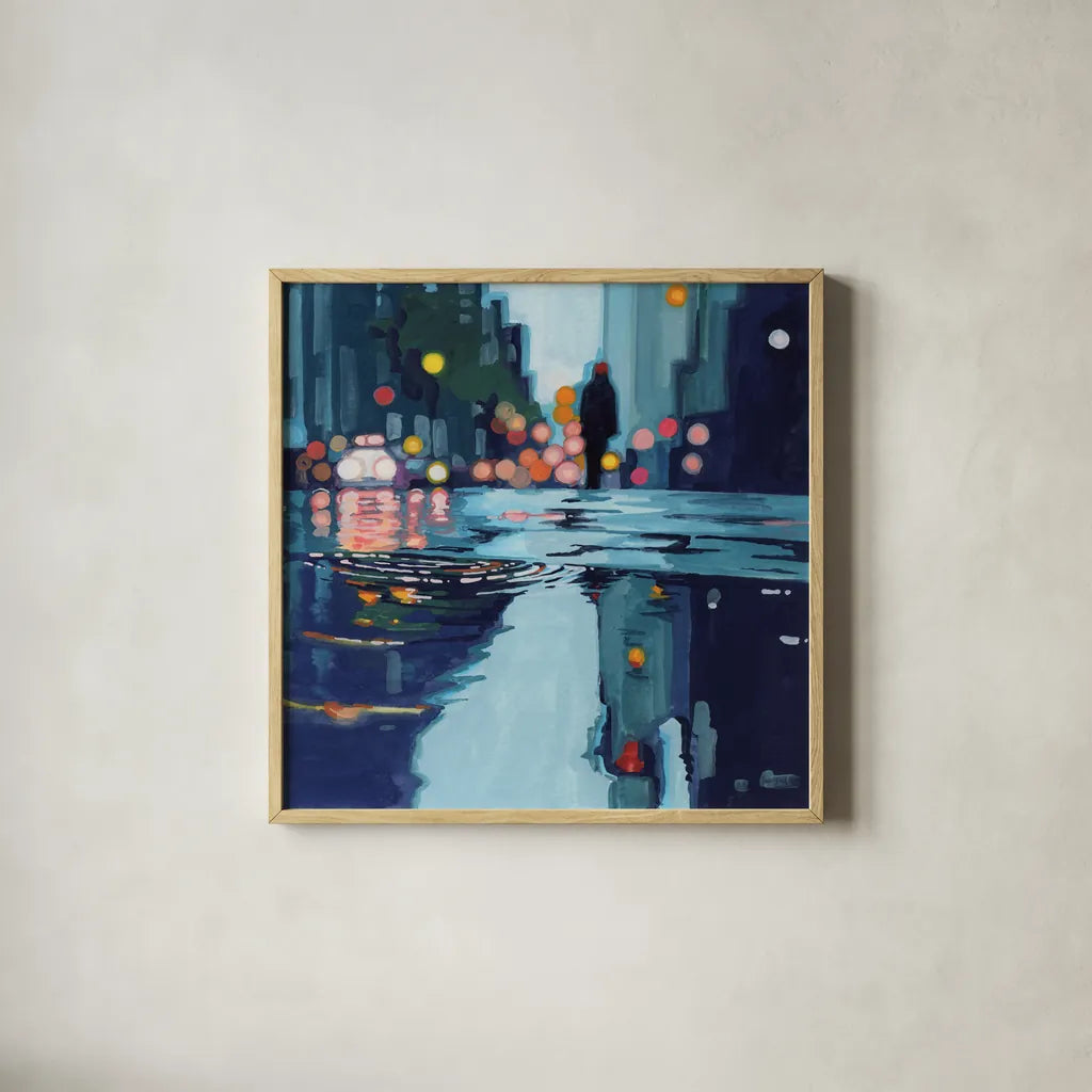 City Puddles After Storm by Kate Jarvik Birch. Shown in a natural wood glass frame for a timeless modern aesthetic. Available as an archival giclee rolled canvas, fine art paper, or poster print. SKU 98635a.