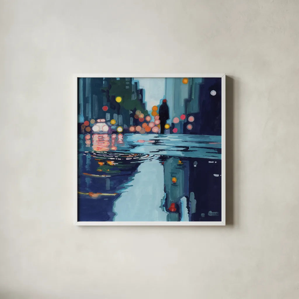 City Puddles After Storm by Kate Jarvik Birch. Shown in a crisp white glass frame for a clean and minimalist style. Available as an archival giclee rolled canvas, fine art paper, or poster print. SKU 98635a.