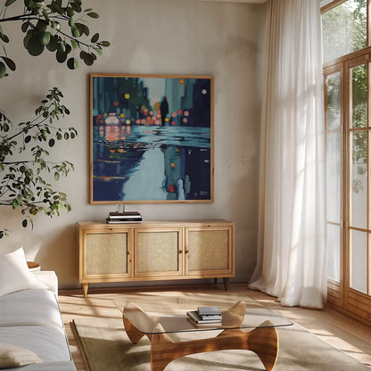 City Puddles After Storm by Kate Jarvik Birch. Shown in a natural wood frame in a cozy modern living room. Available as an archival giclee rolled canvas, fine art paper, or poster print. SKU 98635a.
