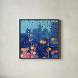 City Rain on Window by Kate Jarvik Birch. Shown in a sleek black glass frame for a contemporary gallery look. Available as an archival giclee rolled canvas, fine art paper, or poster print. SKU 98599a.