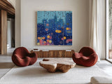City Rain on Window by Kate Jarvik Birch. Shown as extra-large giant wall art in a modern living room. Available as an archival giclee rolled canvas, fine art paper, or poster print. SKU 98599a.