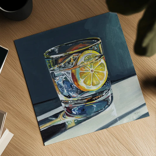 Clear Cocktail With Lemon by Kate Jarvik Birch. Shown as a detailed flat fine art print, highlighting archival giclee quality. Available as an archival giclee rolled canvas, fine art paper, or poster print. SKU 99772a.
