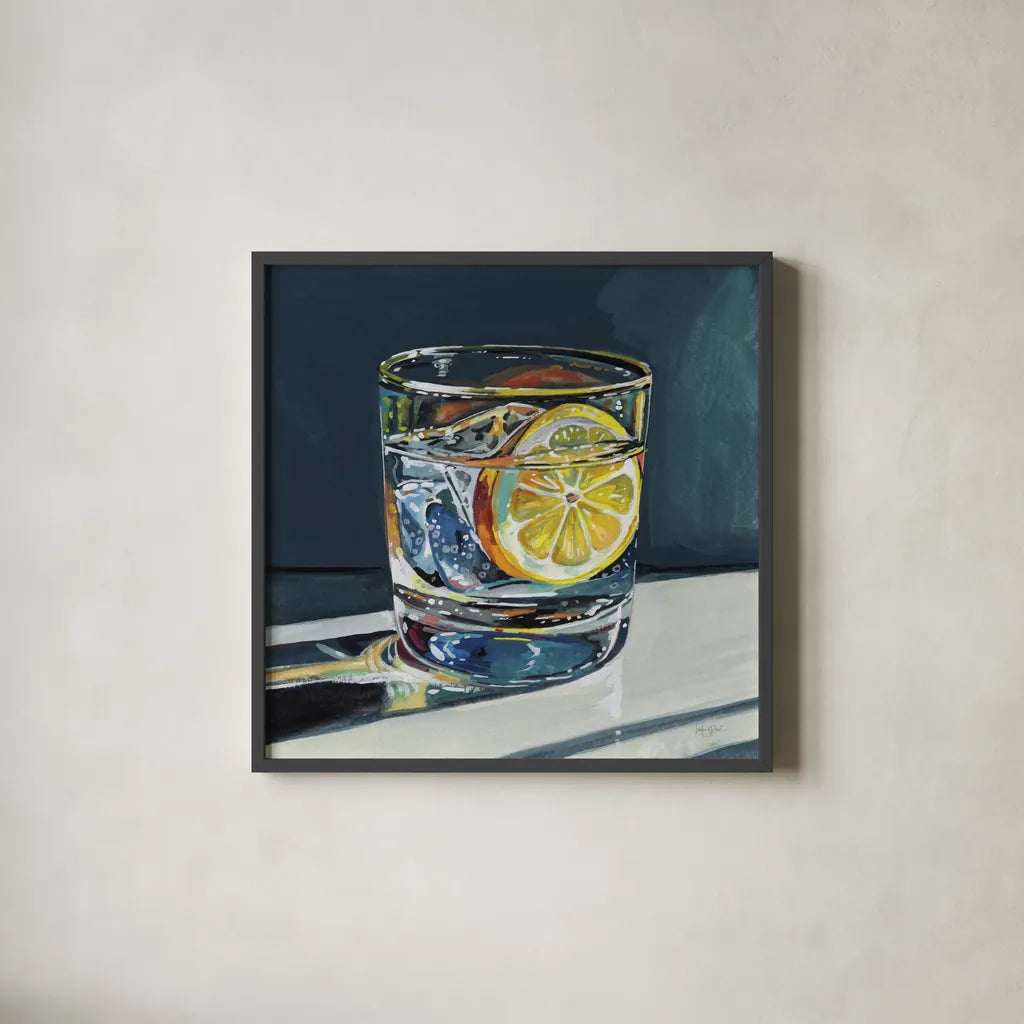 Clear Cocktail With Lemon by Kate Jarvik Birch. Shown in a sleek black glass frame for a contemporary gallery look. Available as an archival giclee rolled canvas, fine art paper, or poster print. SKU 99772a.
