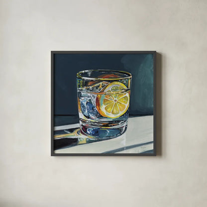 Clear Cocktail With Lemon by Kate Jarvik Birch. Shown in a sleek black glass frame for a contemporary gallery look. Available as an archival giclee rolled canvas, fine art paper, or poster print. SKU 99772a.