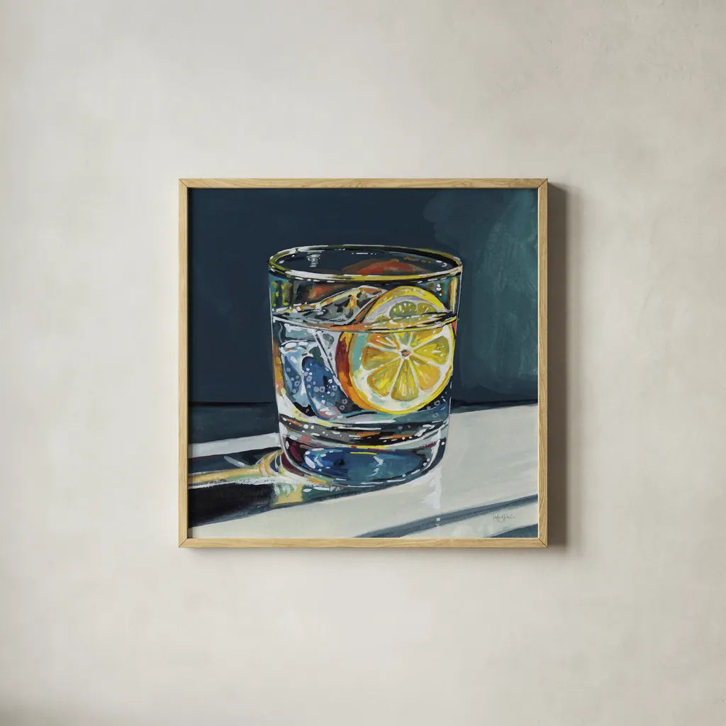 Clear Cocktail With Lemon by Kate Jarvik Birch. Shown in a natural wood glass frame for a timeless modern aesthetic. Available as an archival giclee rolled canvas, fine art paper, or poster print. SKU 99772a.