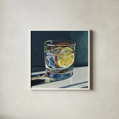Clear Cocktail With Lemon by Kate Jarvik Birch. Shown in a crisp white glass frame for a clean and minimalist style. Available as an archival giclee rolled canvas, fine art paper, or poster print. SKU 99772a.