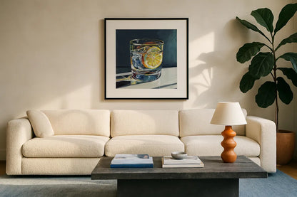Clear Cocktail With Lemon by Kate Jarvik Birch. Displayed in a glass frame with matte in a clean modern living room. Available as an archival giclee rolled canvas, fine art paper, or poster print. SKU 99772a.