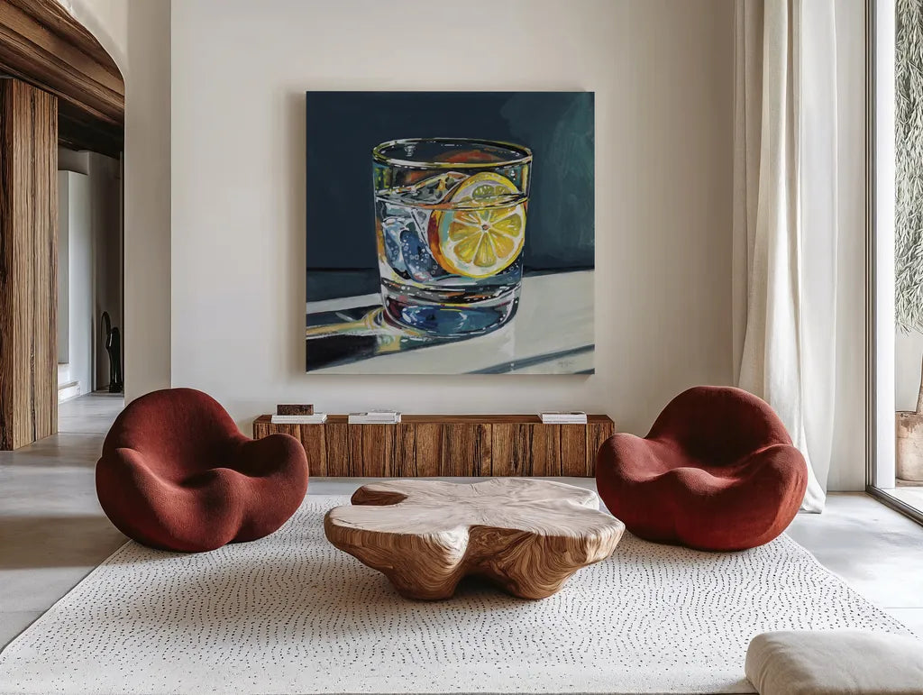 Clear Cocktail With Lemon by Kate Jarvik Birch. Shown as extra-large giant wall art in a modern living room. Available as an archival giclee rolled canvas, fine art paper, or poster print. SKU 99772a.