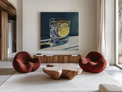 Clear Cocktail With Lemon by Kate Jarvik Birch. Shown as extra-large giant wall art in a modern living room. Available as an archival giclee rolled canvas, fine art paper, or poster print. SKU 99772a.