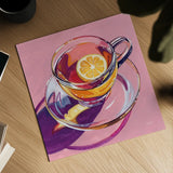 Clear Cup of Tea With Lemon by Kate Jarvik Birch. Shown as a detailed flat fine art print, highlighting archival giclee quality. Available as an archival giclee rolled canvas, fine art paper, or poster print. SKU 98593a.