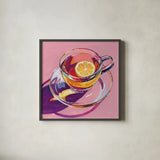 Clear Cup of Tea With Lemon by Kate Jarvik Birch. Shown in a sleek black glass frame for a contemporary gallery look. Available as an archival giclee rolled canvas, fine art paper, or poster print. SKU 98593a.